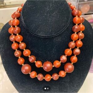 Vtg Double Strand Brown and Gold Bead Necklace Marked Japan 15 inch Long